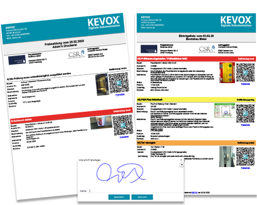 Mängelfreimeldung Mangel Freimeldungsberichte KEVOX QR Code KEVOX ID mit unterschrift